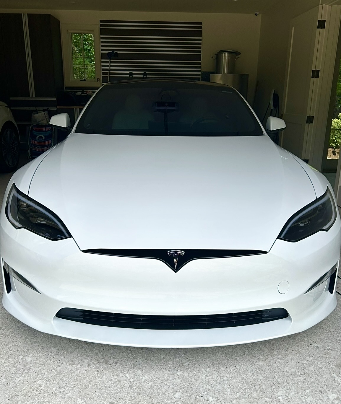 Spotless white Tesla Model S front